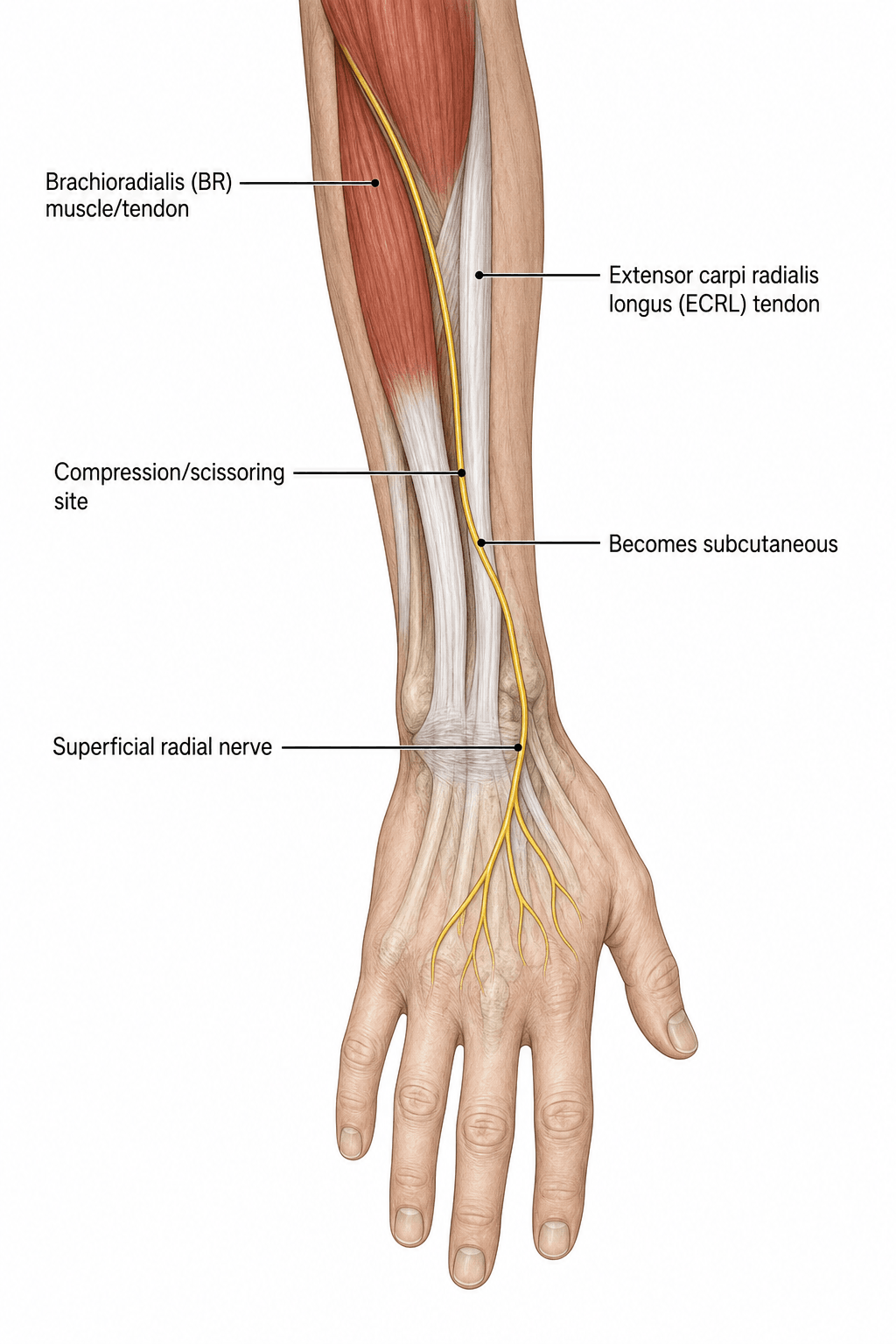 superficial radial nerve course and compression site between brachioradialis and ECRL