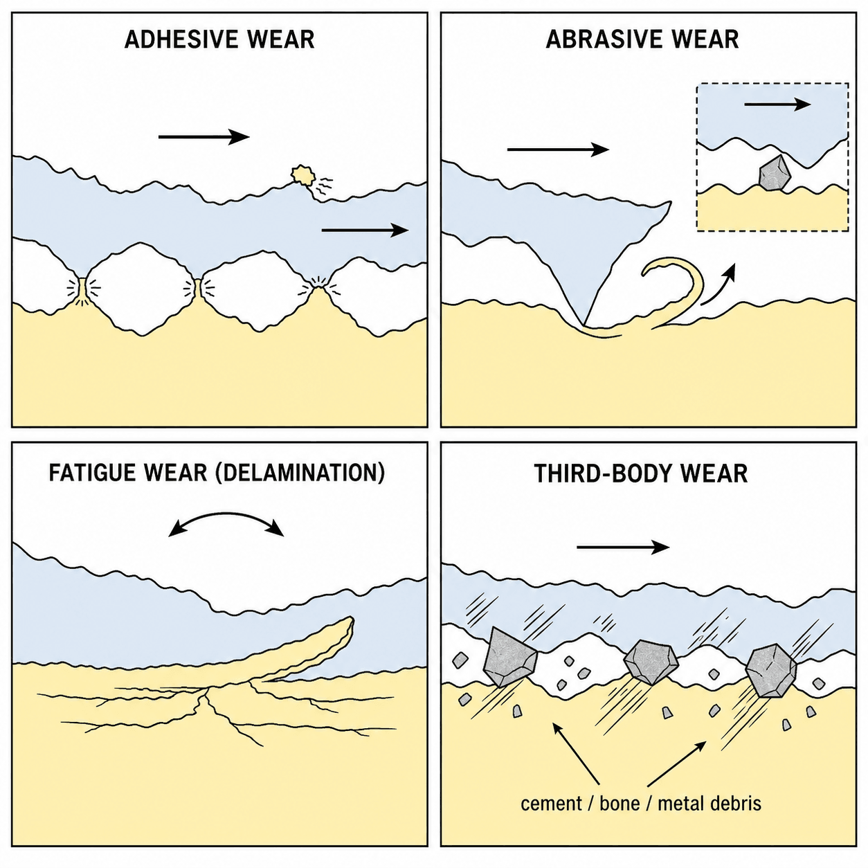 Four-panel schematic of adhesive, abrasive, fatigue (delamination) and third-body wear at the bearing surface