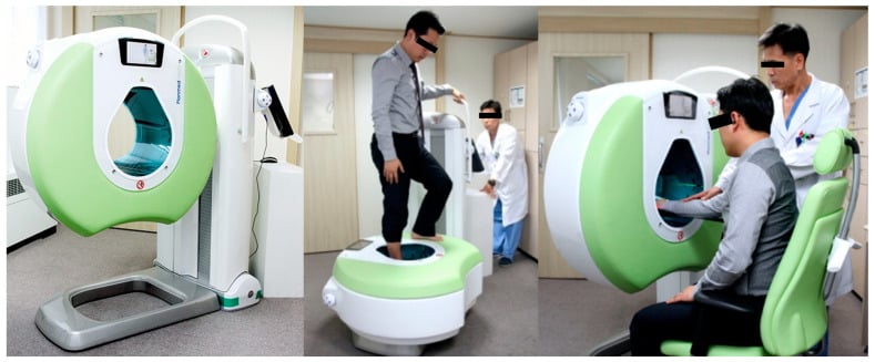 Mobile cone-beam weight-bearing CT device (Planmed Verity Extremity) with a patient standing and, separately, seated for scanning