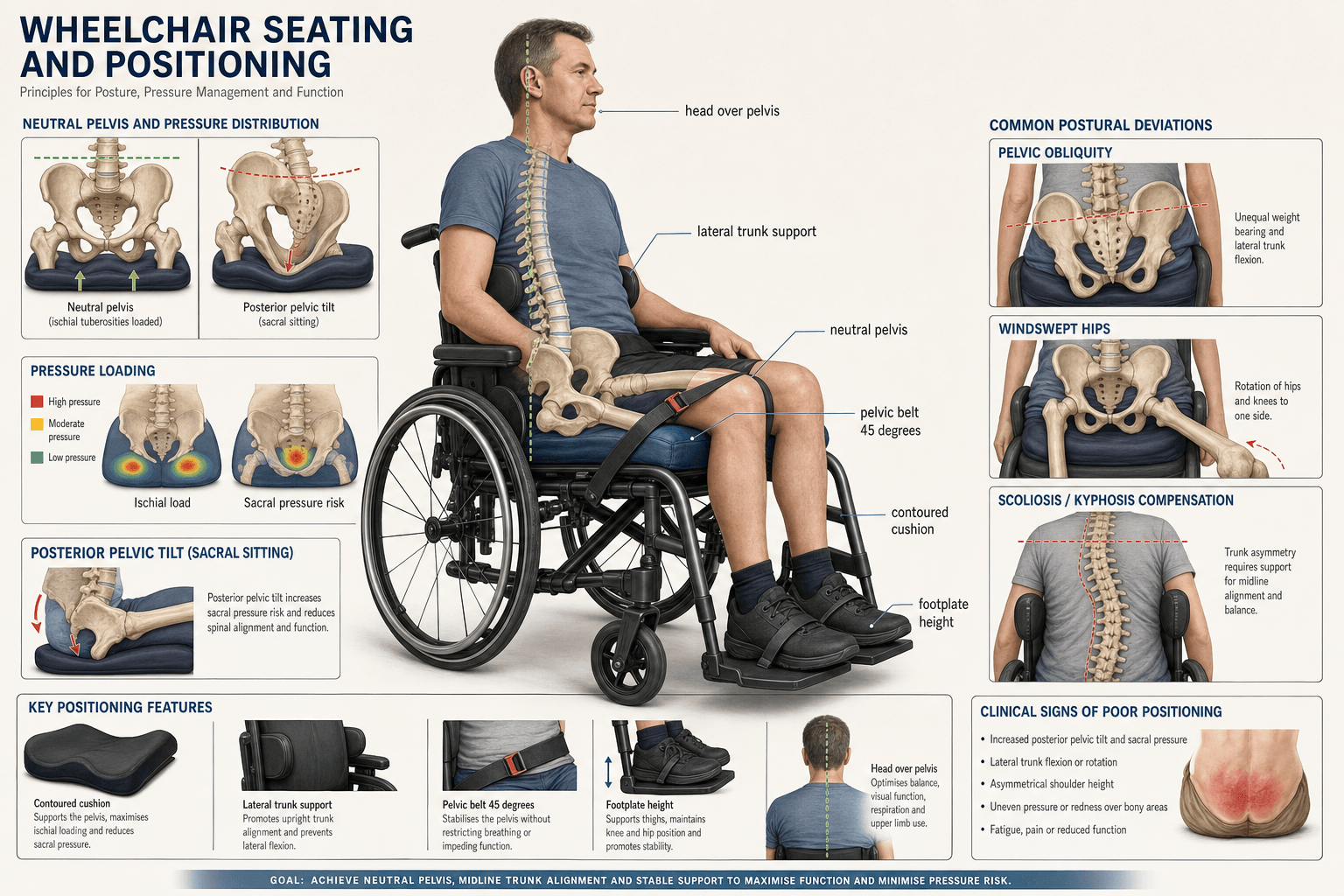 Wheelchair seating and positioning infographic showing neutral pelvis, pressure distribution, postural supports and common postural deviations