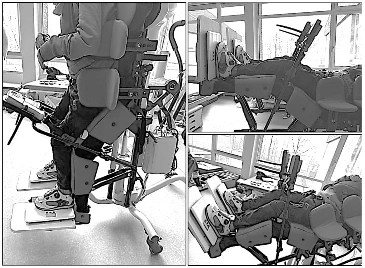 Supported-standing system in upright and reclined positions with trunk, pelvic, knee and foot supports