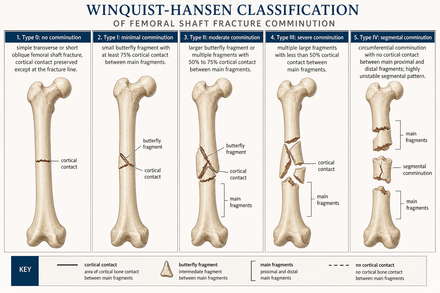 Winquist-Hansen classification of femoral comminution: types 0 to IV by cortical contact