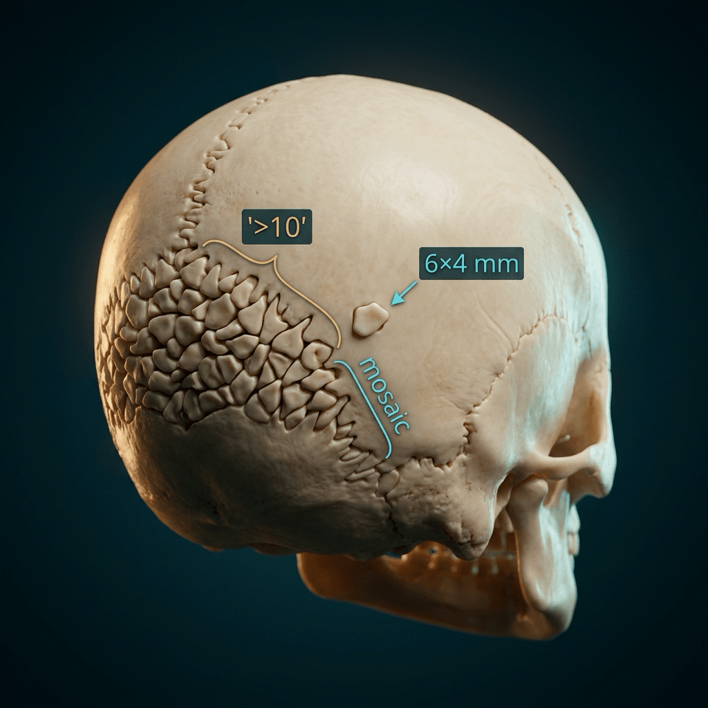 Sculpted paediatric skull seen from behind, lambdoid suture packed with many small interlocking ossicles.