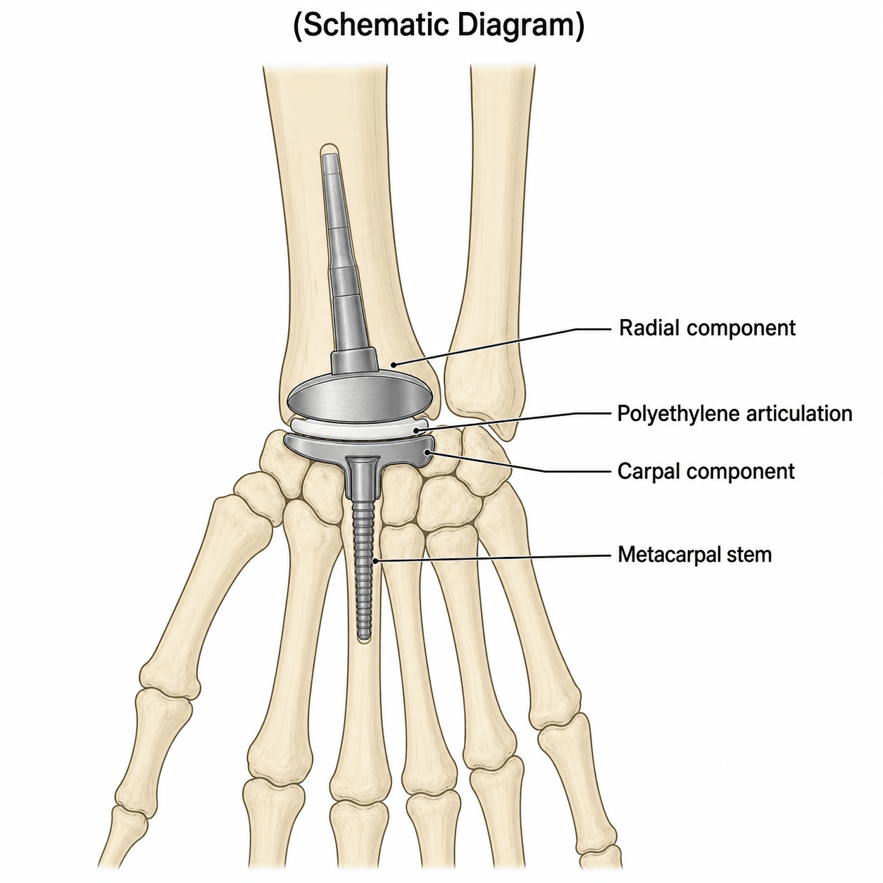 Labelled schematic diagram of a total wrist arthroplasty construct showing the radial component, polyethylene articulation, carpal component and metacarpal stem