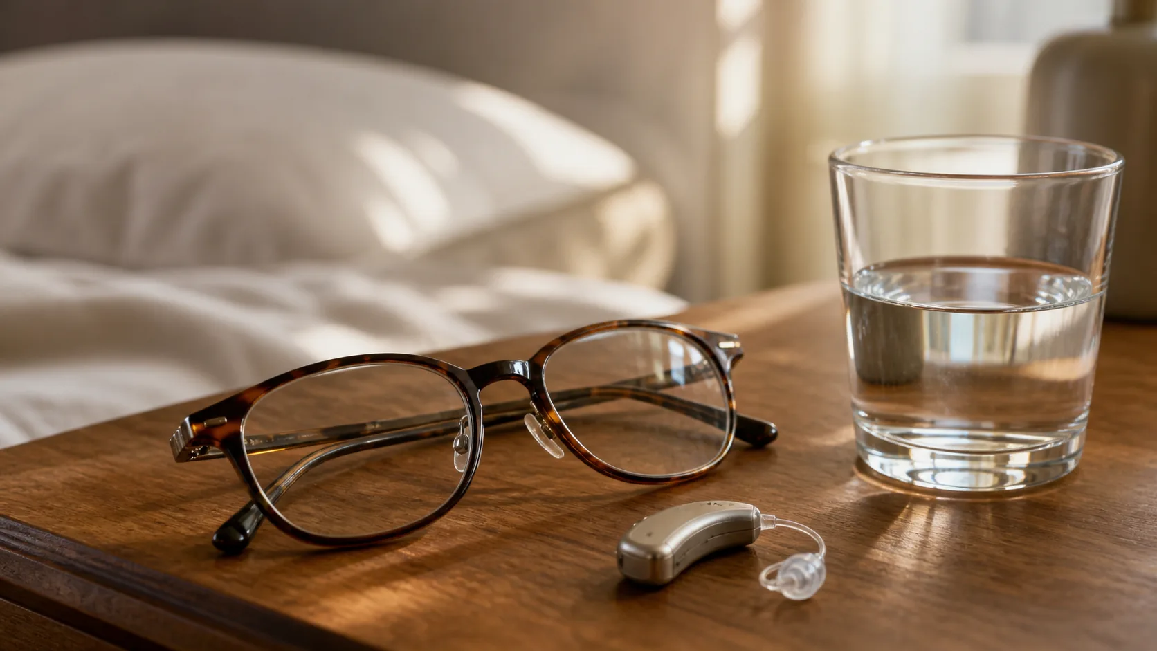 A pair of spectacles and a hearing aid resting on a bedside table beside a glass of water