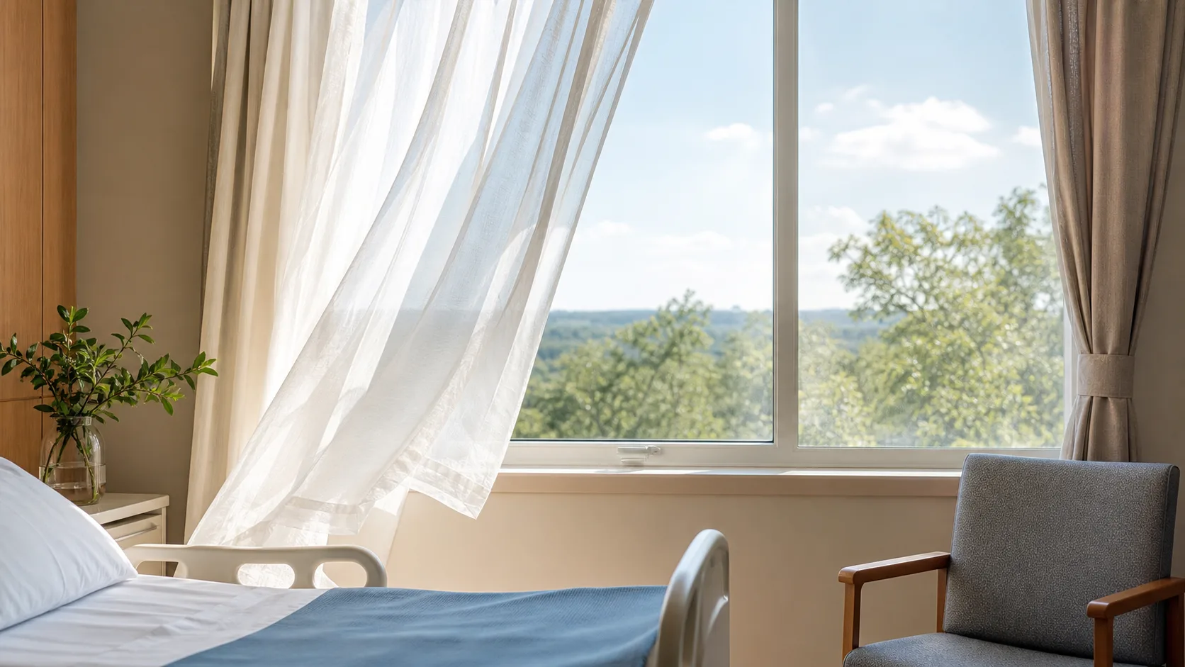 A hospital window with a light curtain drifting in a breeze