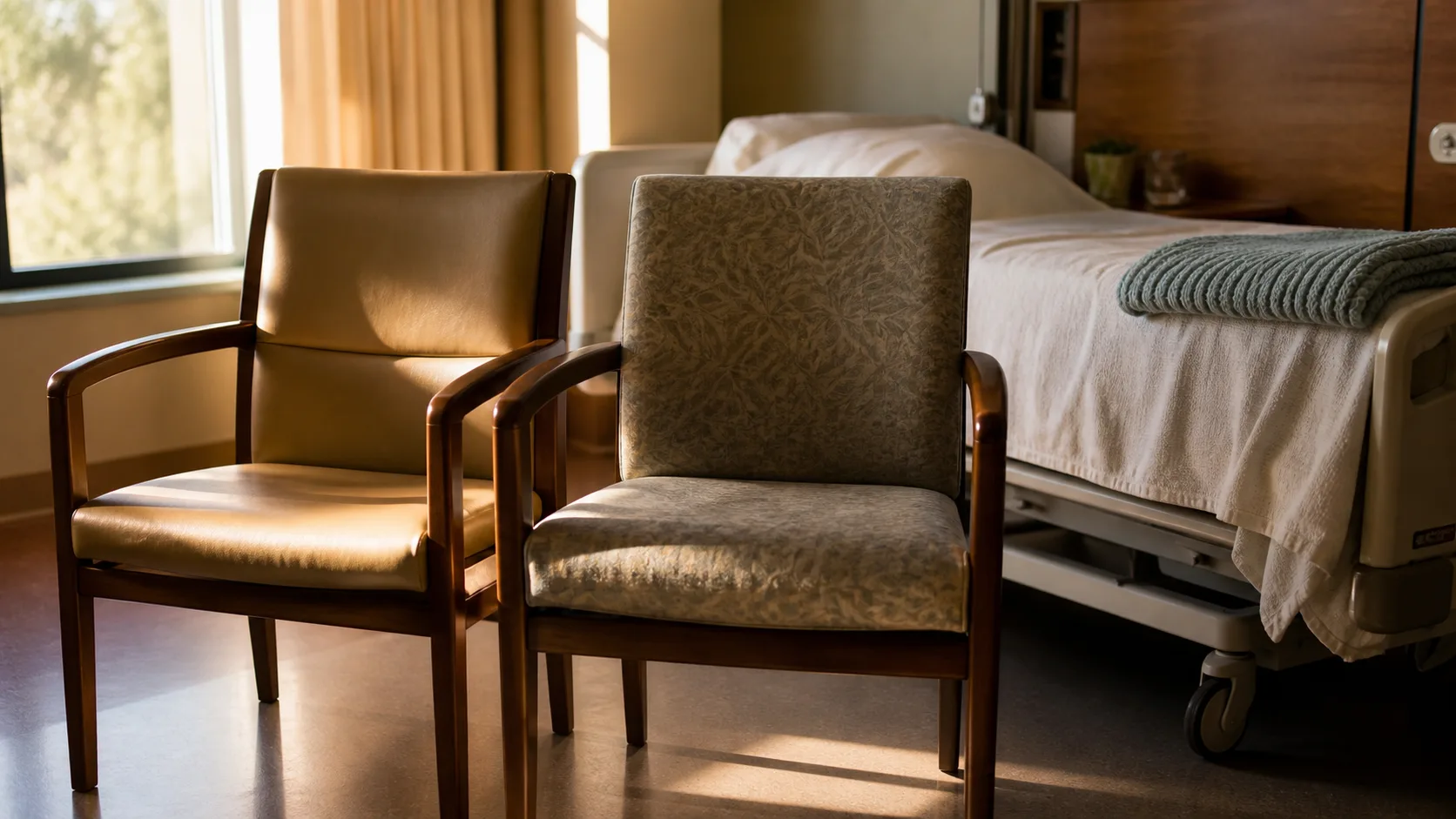Two empty chairs pulled close together at a bedside in warm afternoon light