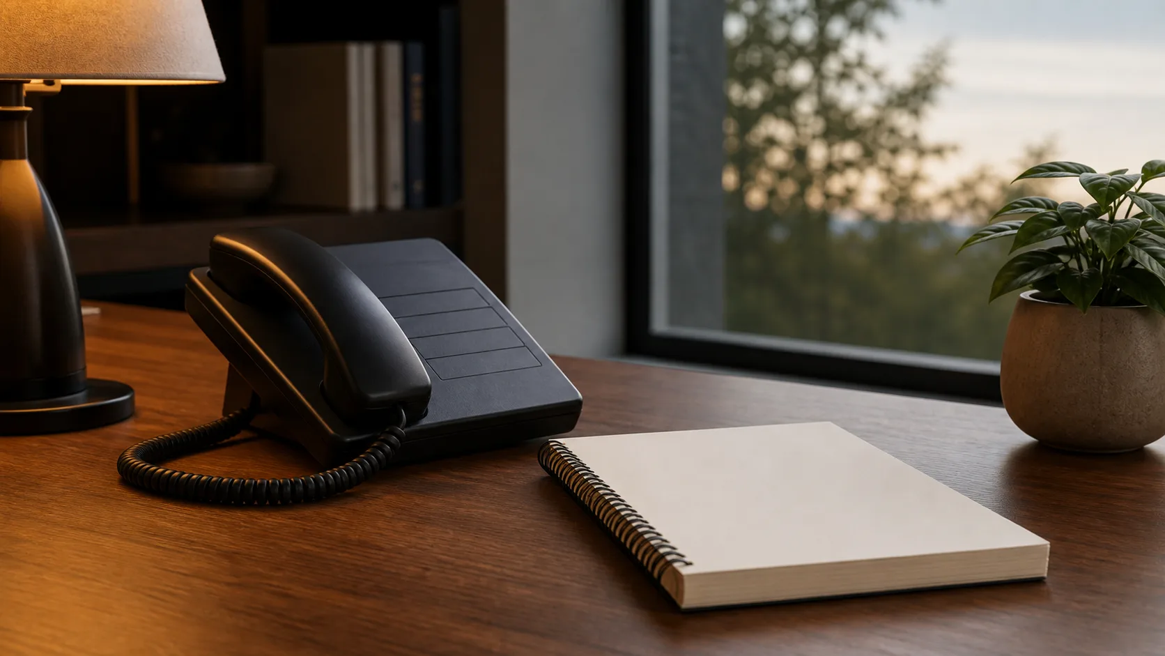 A desk telephone in warm lamplight beside a notepad
