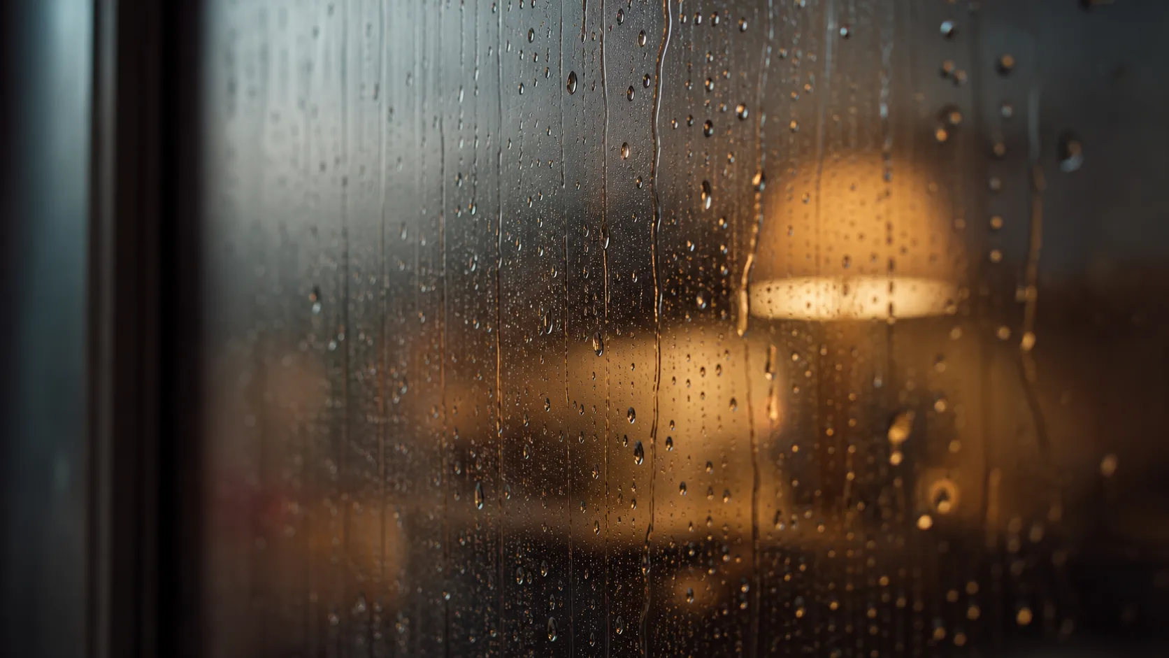 Rain running down a window pane with a warmly lit room reflected softly behind it