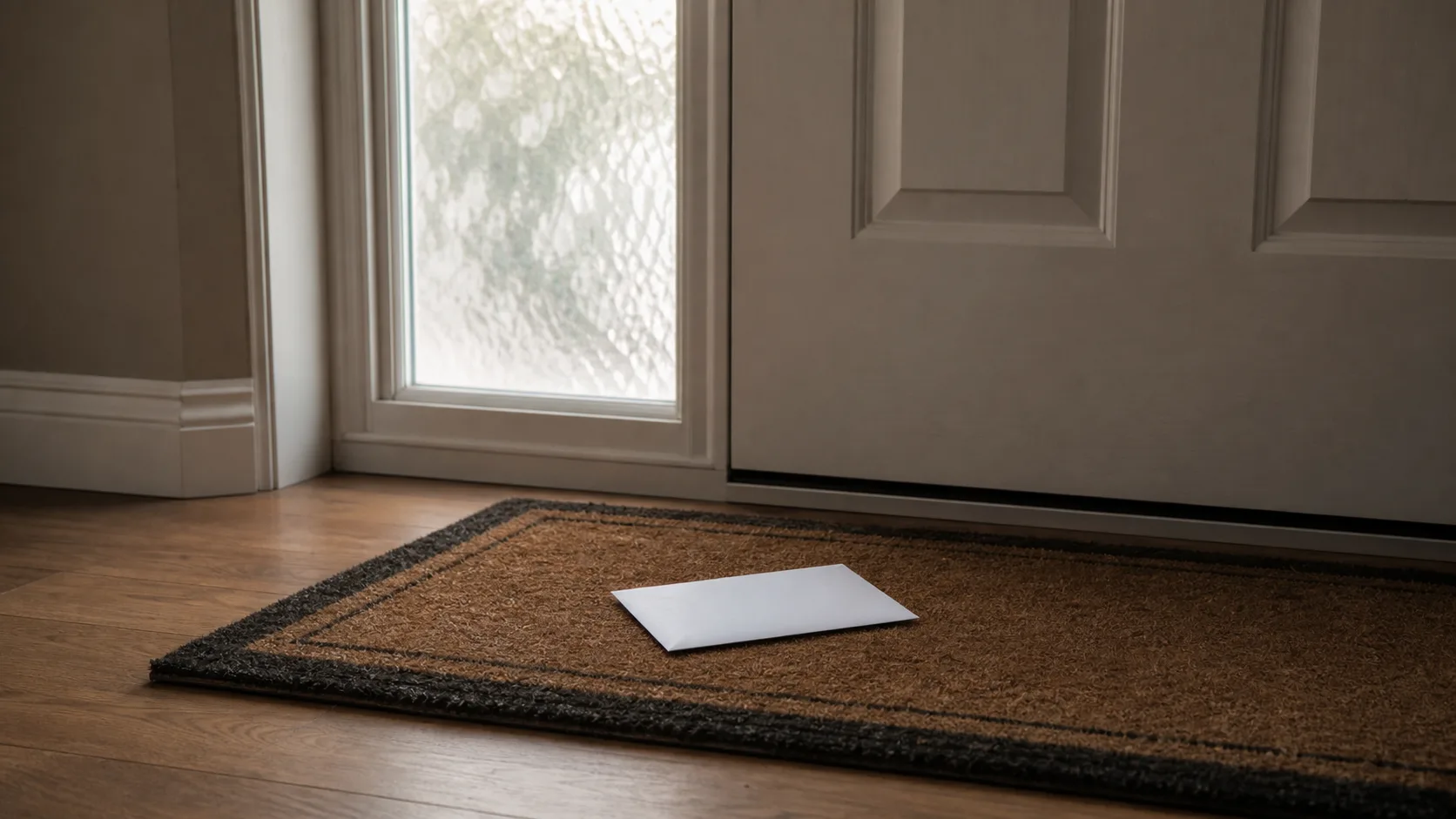 A single unopened white envelope lying on a doormat inside a front door
