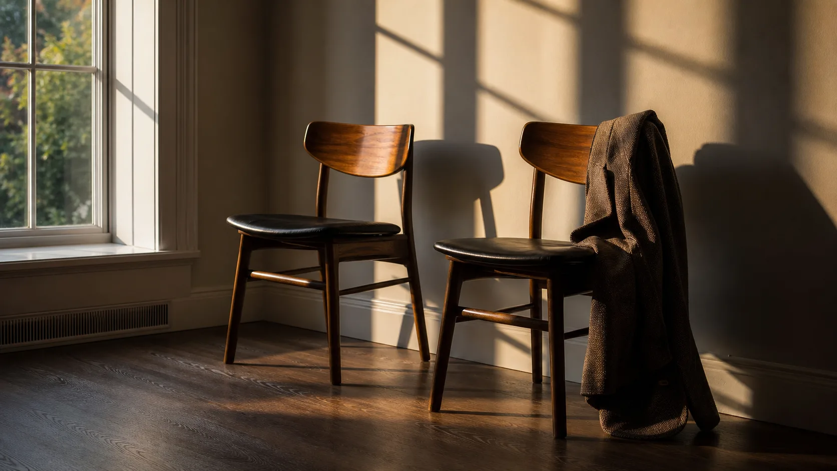 Two chairs beside a window with a coat draped over one of them