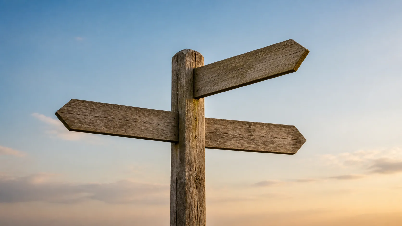 A weathered wooden signpost with three blank unmarked arms pointing in different directions against an open sky