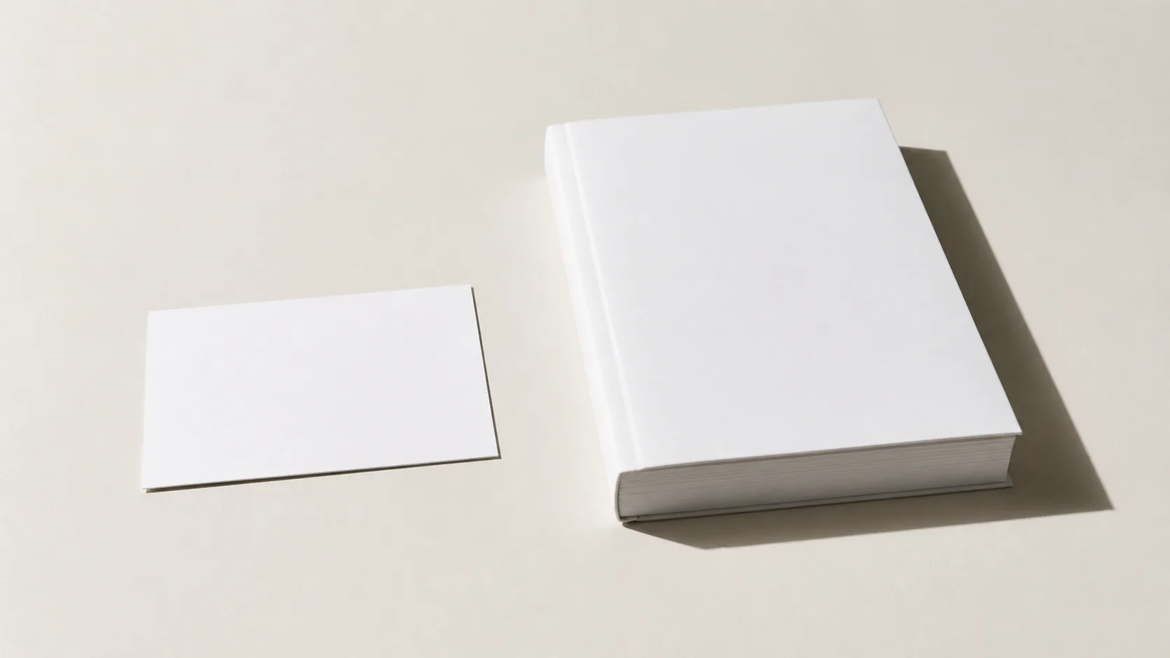 A single thin card and a thick bound manual lying side by side on a pale desk
