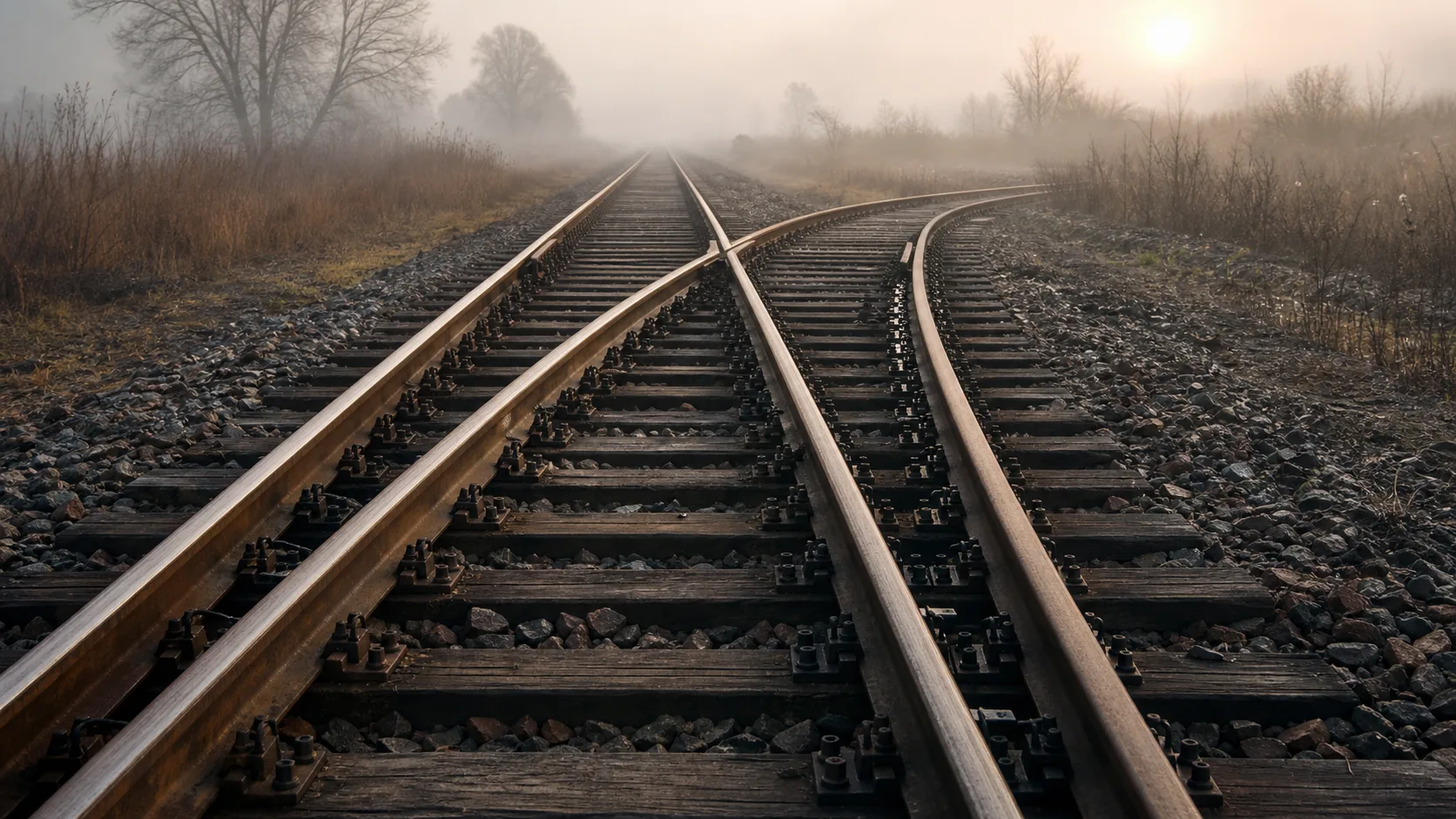 A railway junction where a set of points switches one track away from another