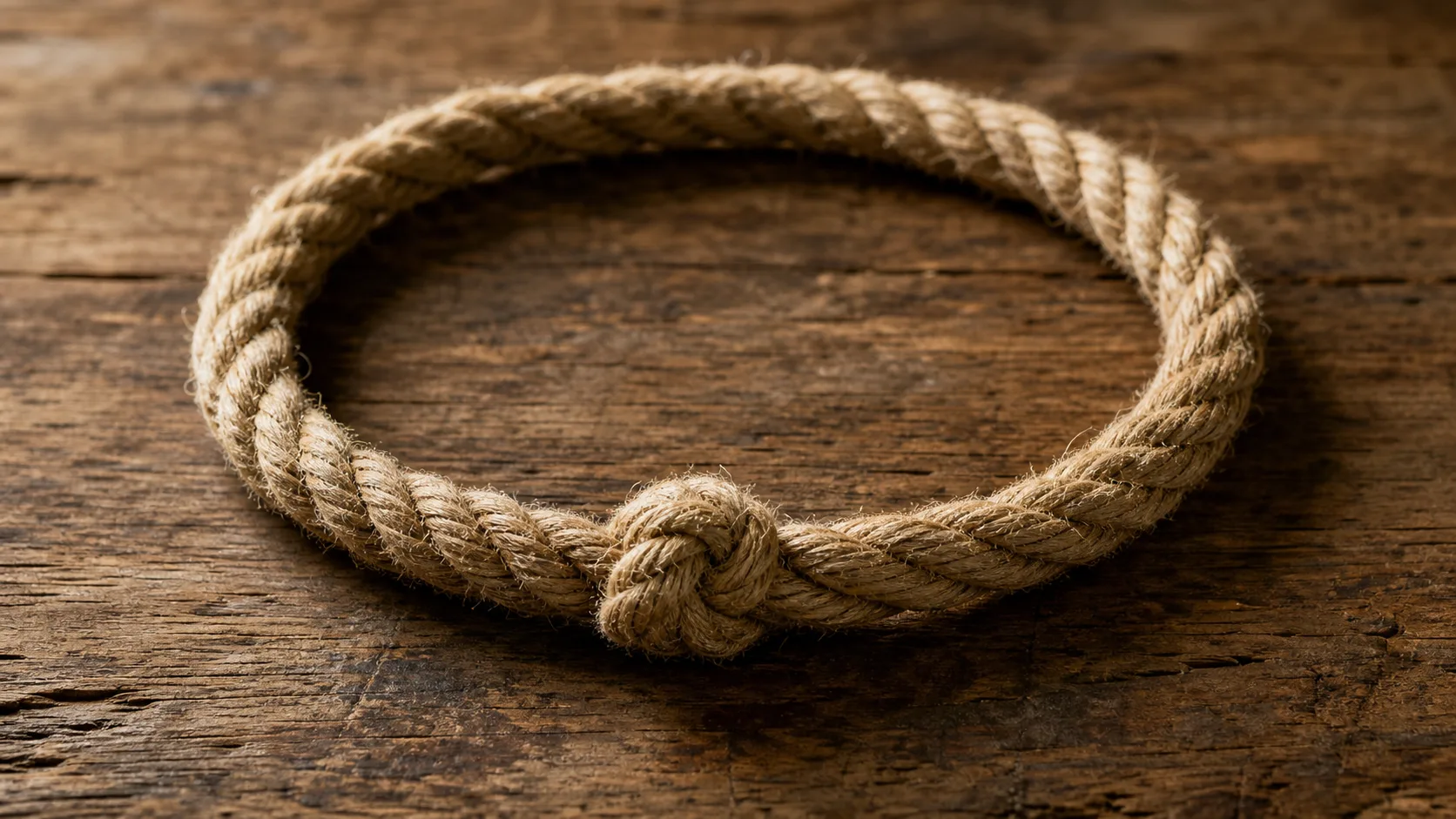 A length of rope tied into a closed loop resting on a weathered wooden desk