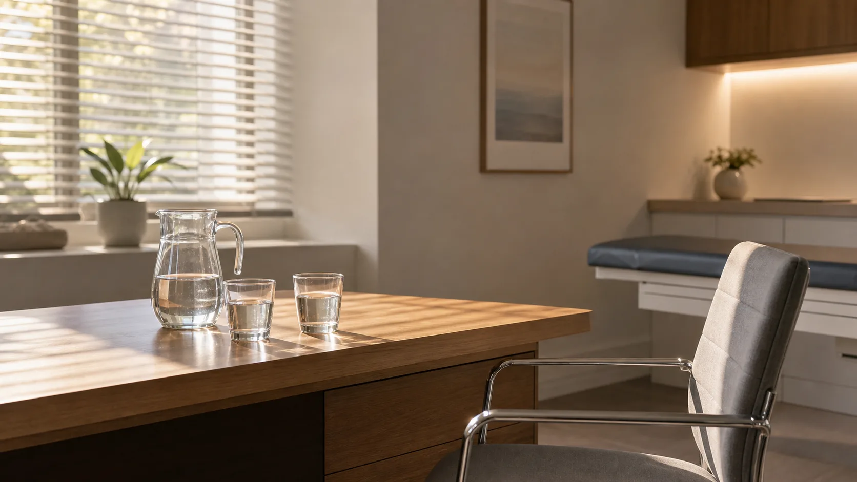 Two water glasses and a jug on a clinic desk beside an empty chair