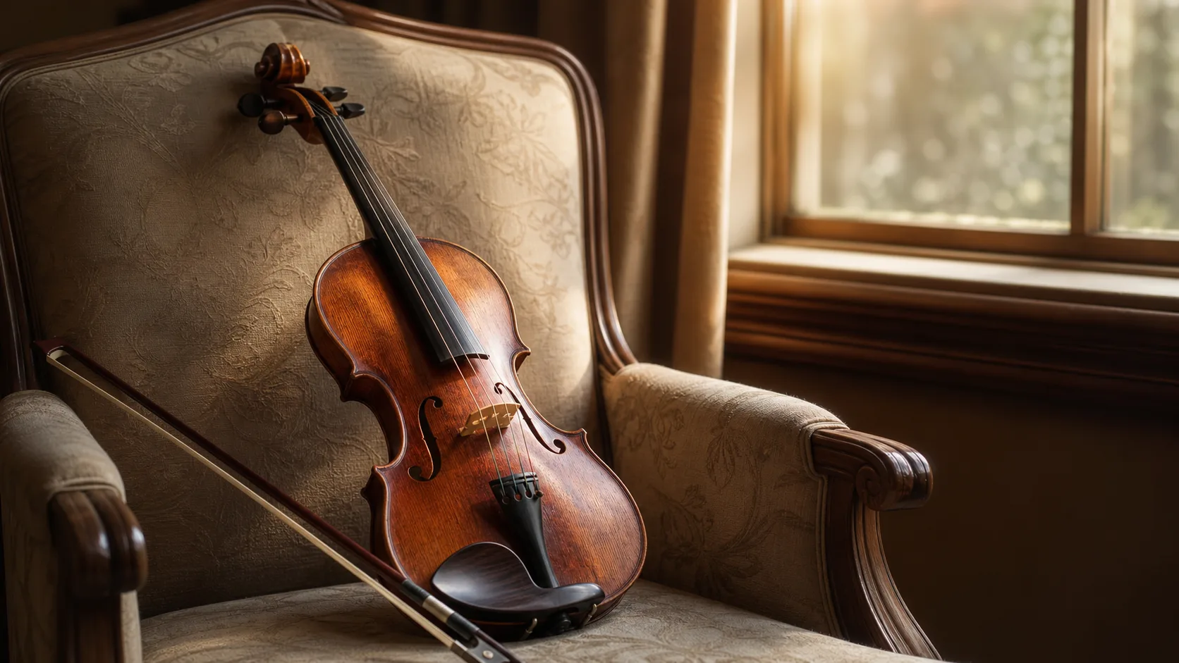A violin and bow resting on an upholstered chair in warm window light