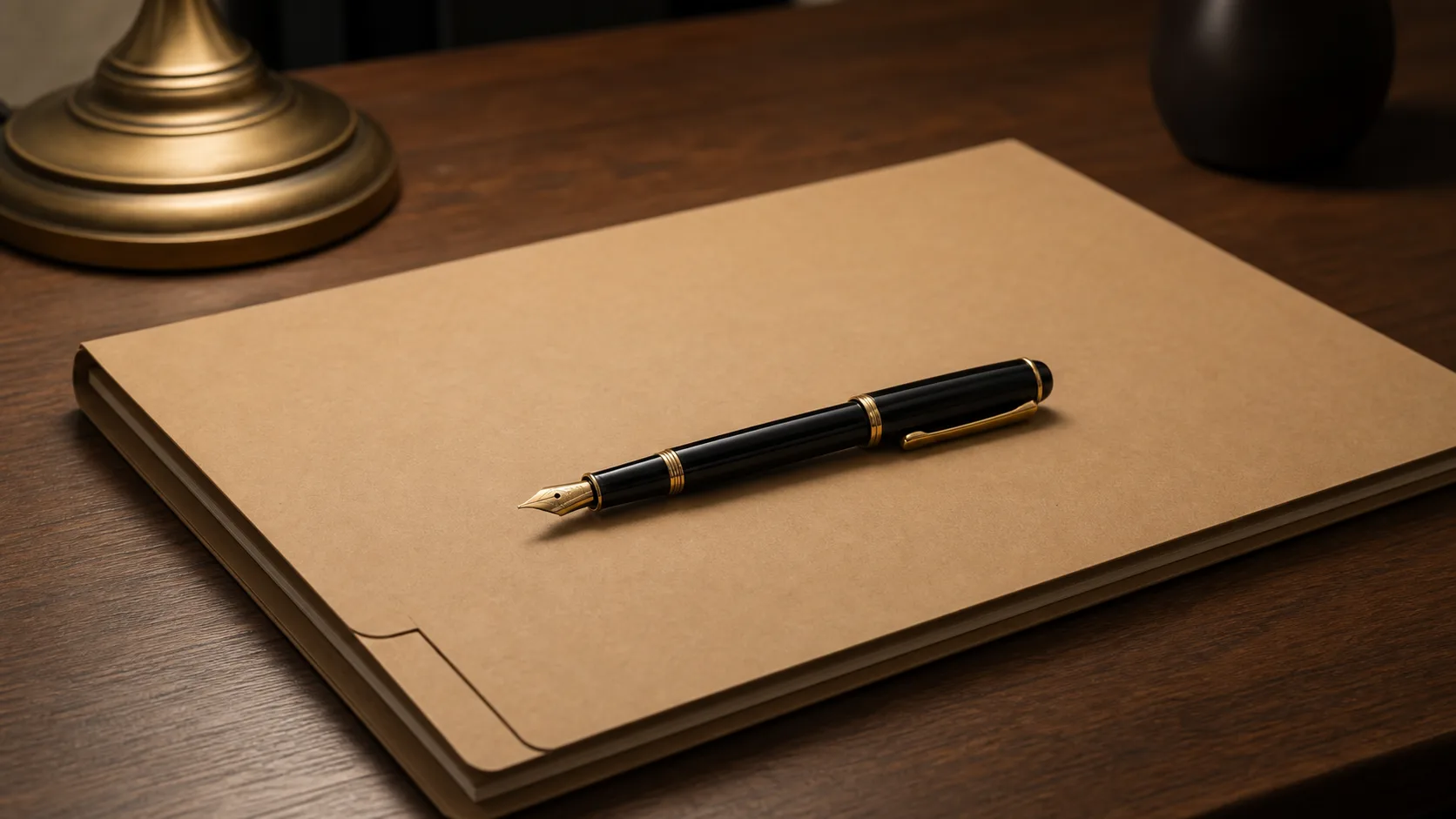 A fountain pen resting on a closed buff cardboard folder on a desk