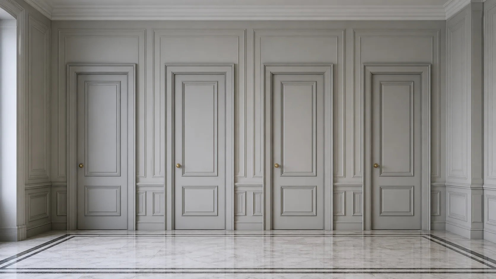 Four identical closed doors evenly spaced along a formal panelled corridor