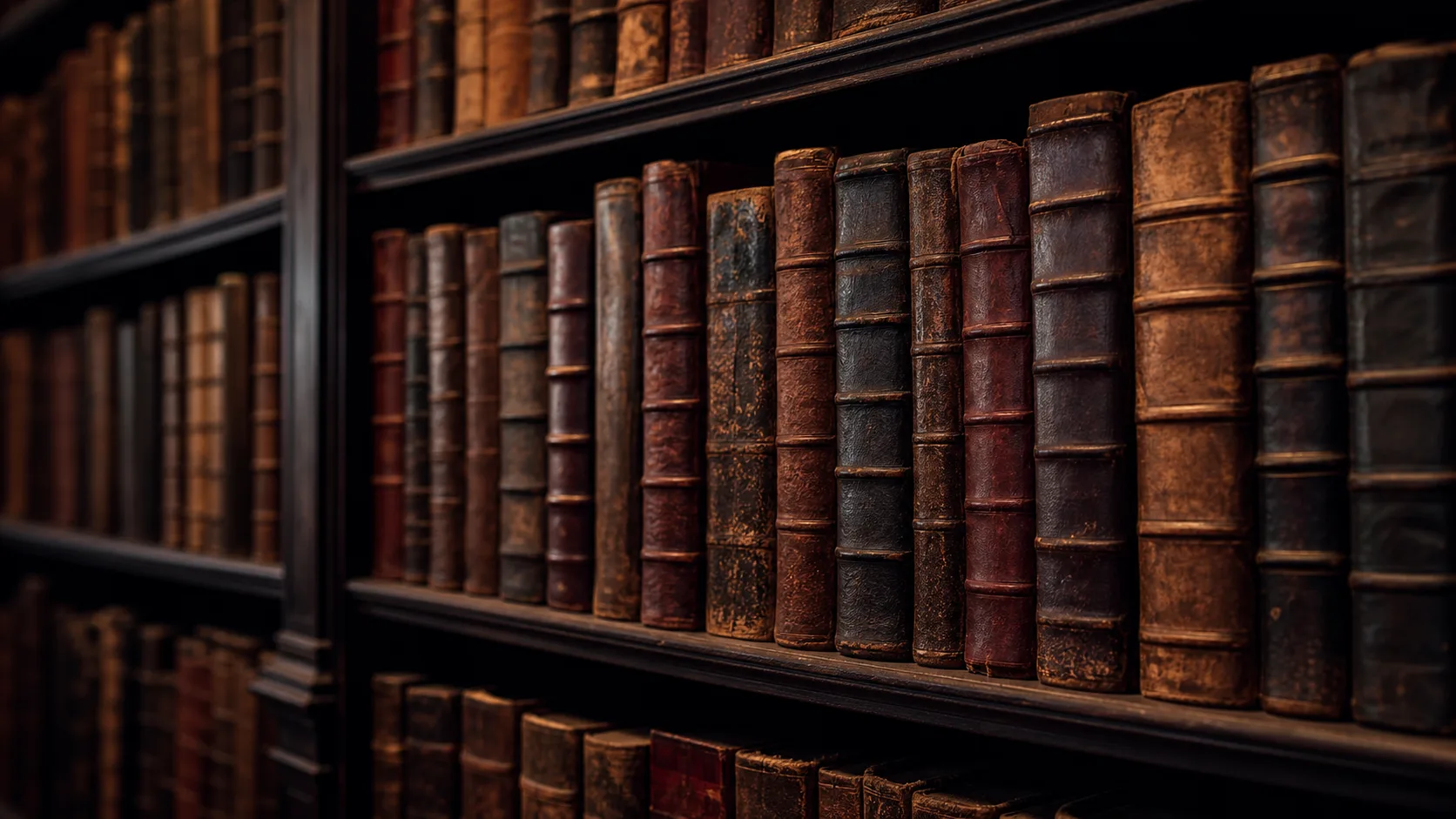 Rows of old leather-bound legal volumes on dark library shelves