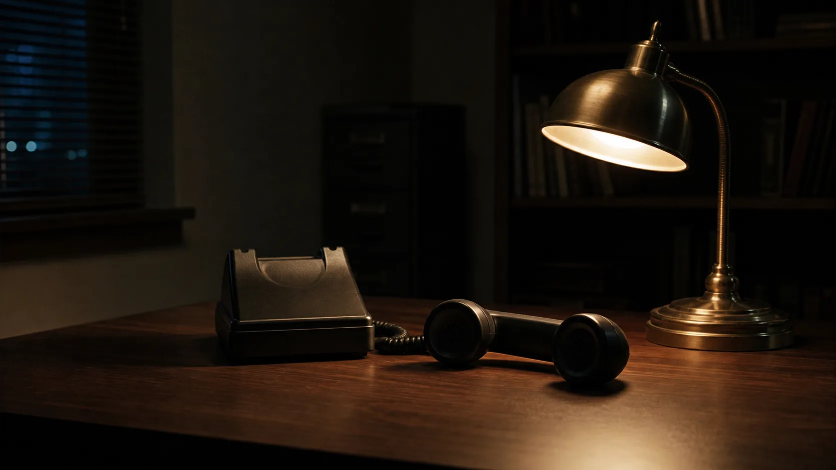 A desk telephone handset resting off its cradle beside a lamp in a dark office
