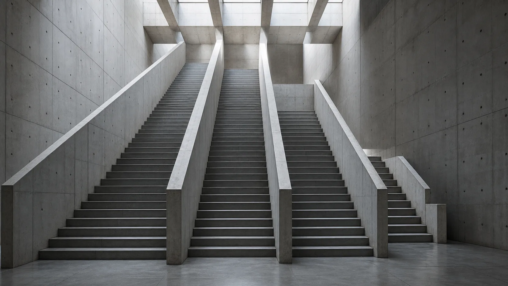 Several parallel flights of stairs of visibly different lengths rising side by side in a concrete atrium