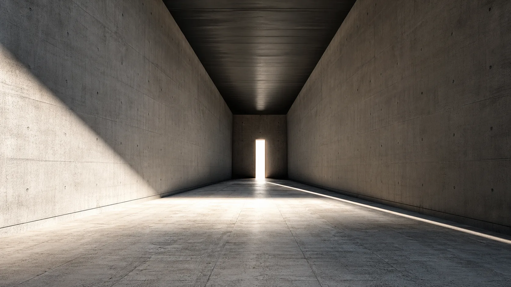 A wide open concourse narrowing sharply to a single doorway with hard light coming through the opening