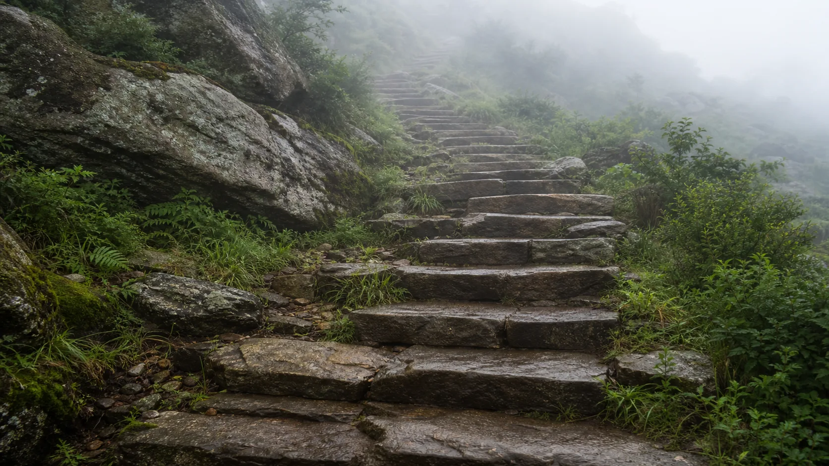 Weathered stone steps of visibly uneven heights ascending a hillside into morning mist