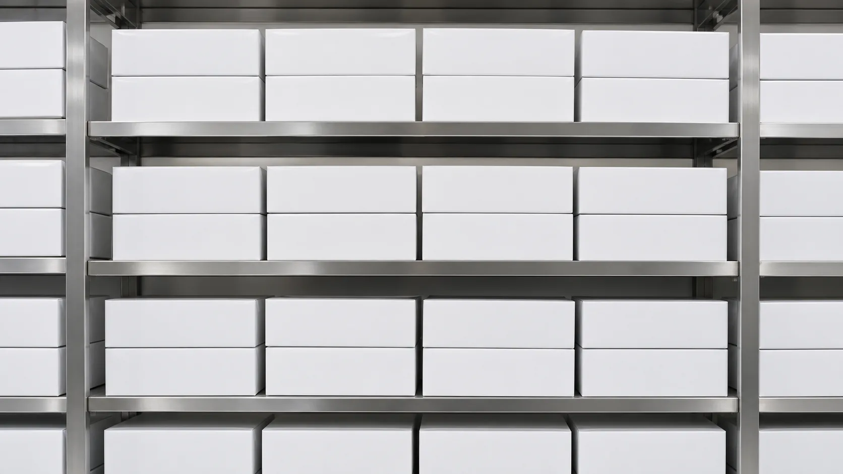 Rows of identical sealed sterile boxes on a steel storage shelf
