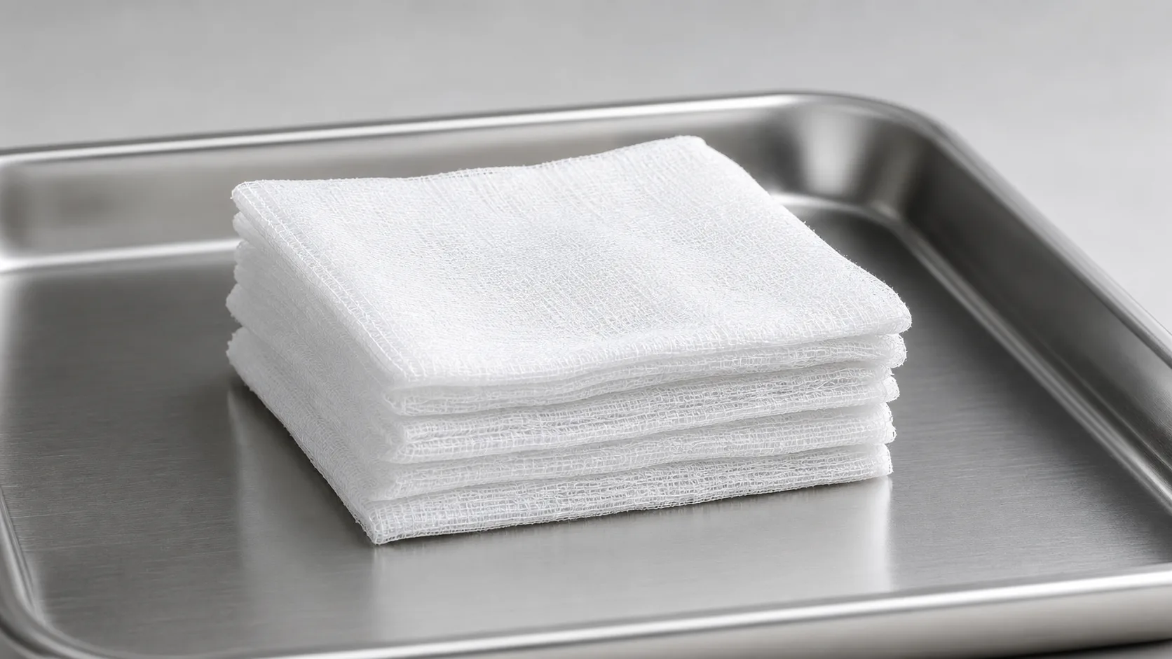 A neat stack of folded white surgical gauze squares on a stainless steel tray