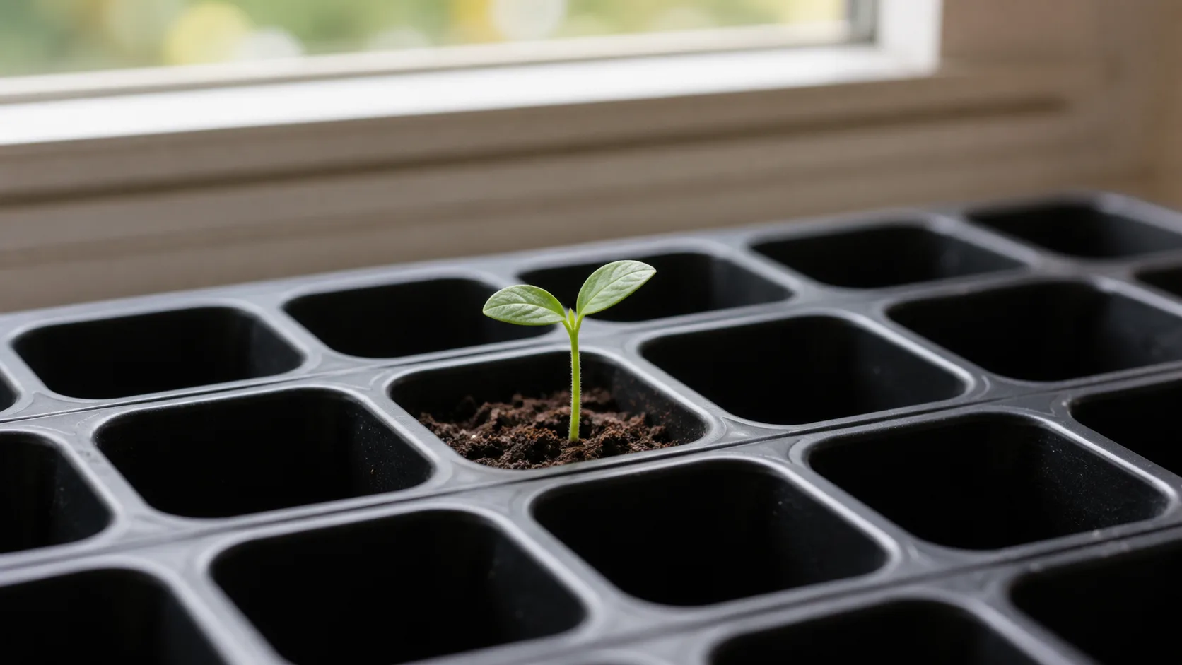 A single green seedling in one cell of an otherwise empty seed tray