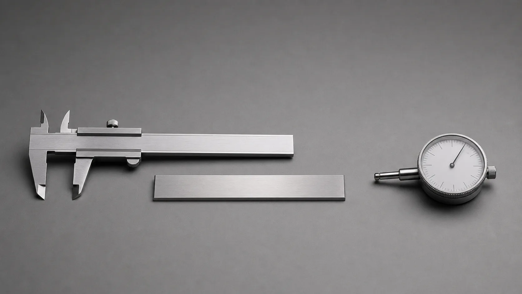 Three precision measuring instruments laid in a row on a matte grey surface