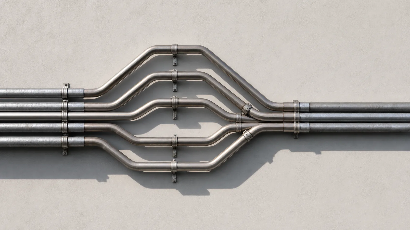 A set of clean metal pipes branching apart and rejoining against a pale wall