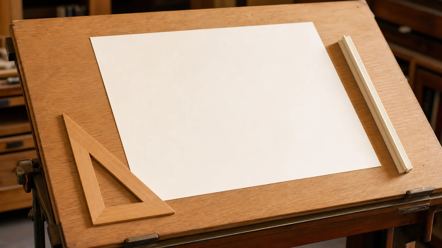 An architect's drawing board holding a blank sheet with a set square and scale rule arranged on it