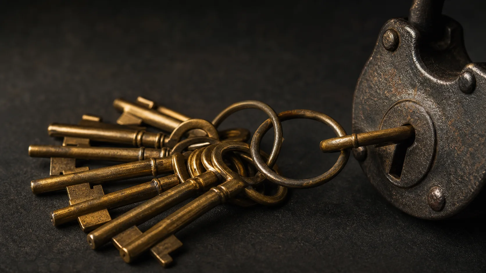 A ring of many similar brass keys spread on a dark surface with one inserted into an old lock