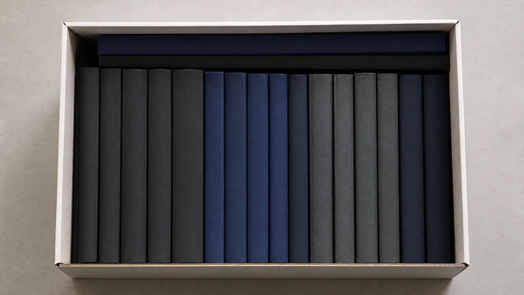 An archive box filled with neatly ordered hardback laboratory notebooks seen from above