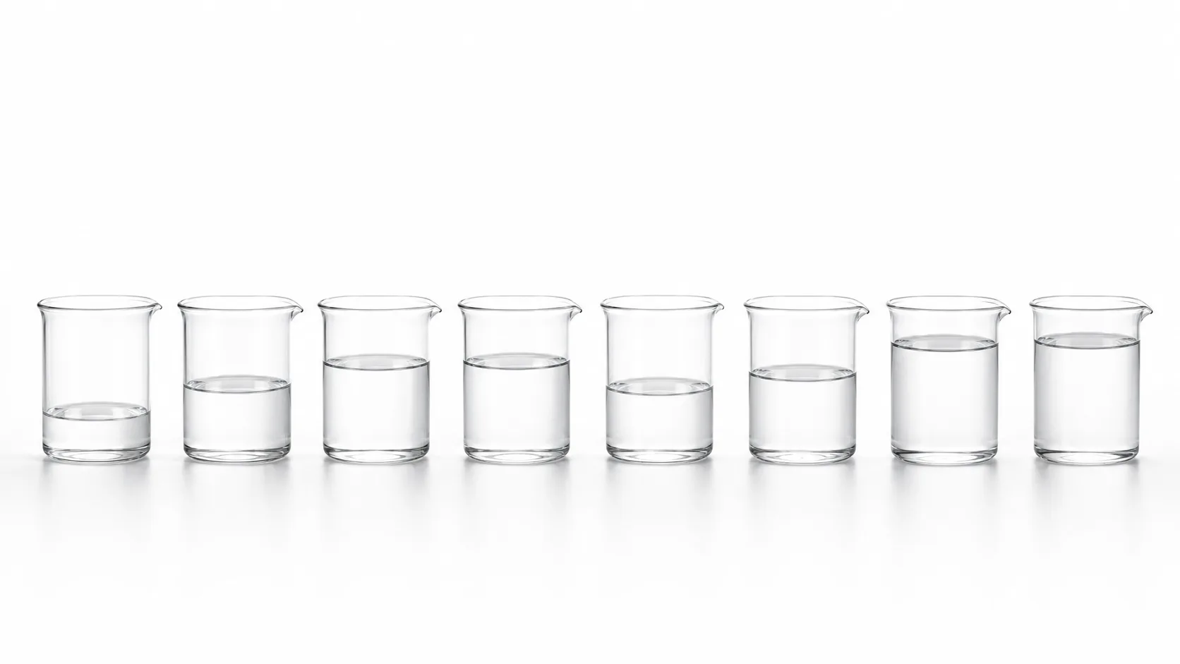 A row of identical glass laboratory beakers filled to slightly different levels