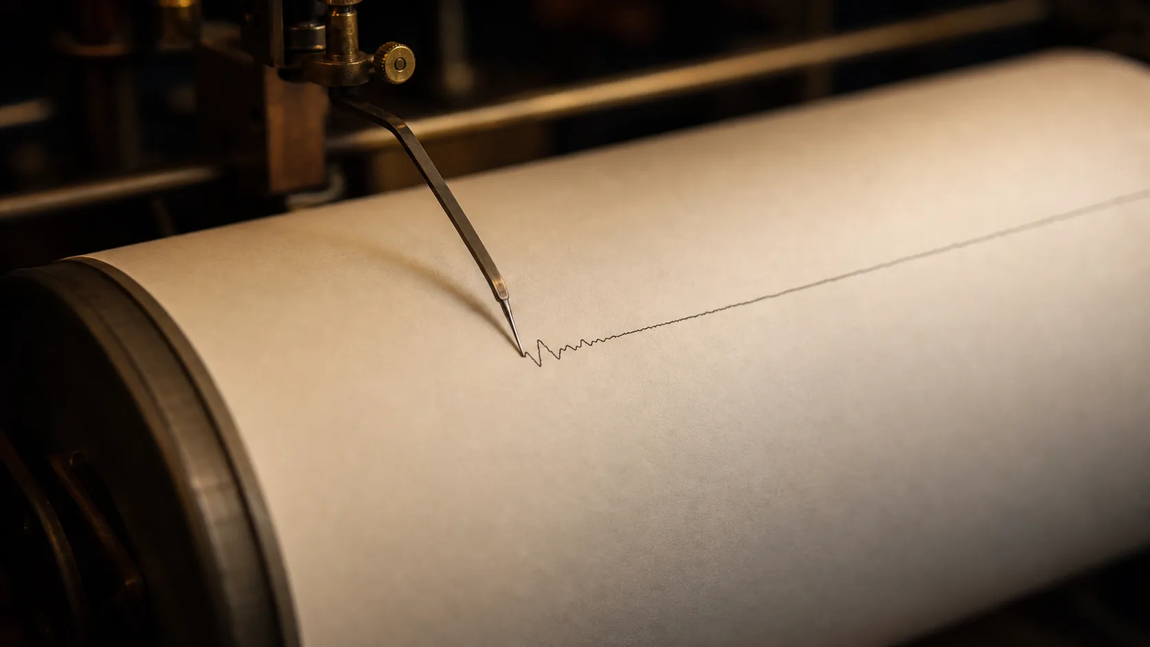 A fine ink trace drawn by a seismograph needle across a long roll of blank paper