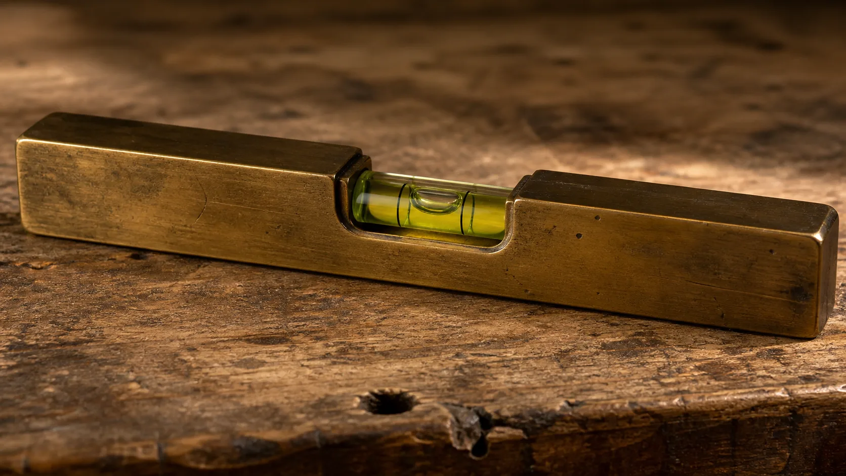 A brass spirit level resting on a worn wooden workbench