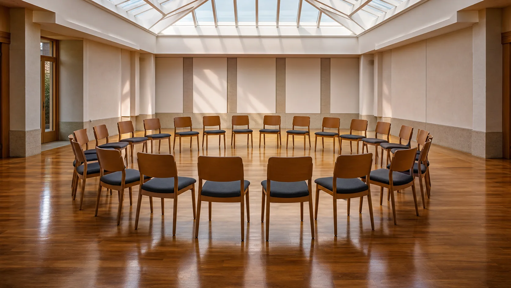 A ring of empty chairs arranged in a circle on a polished wooden floor in a bright room