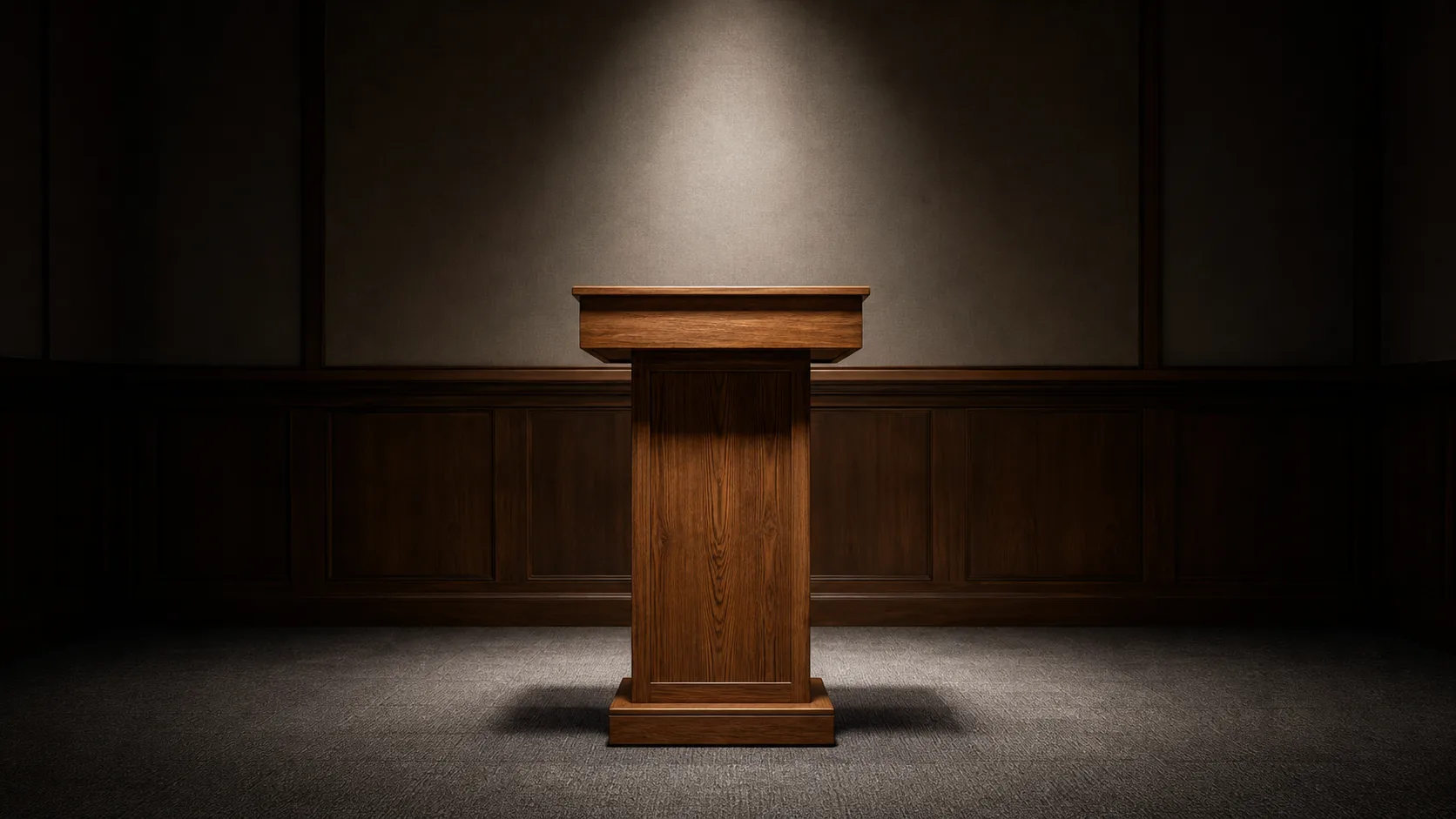 A wooden lectern in an empty seminar room lit by a single overhead spot