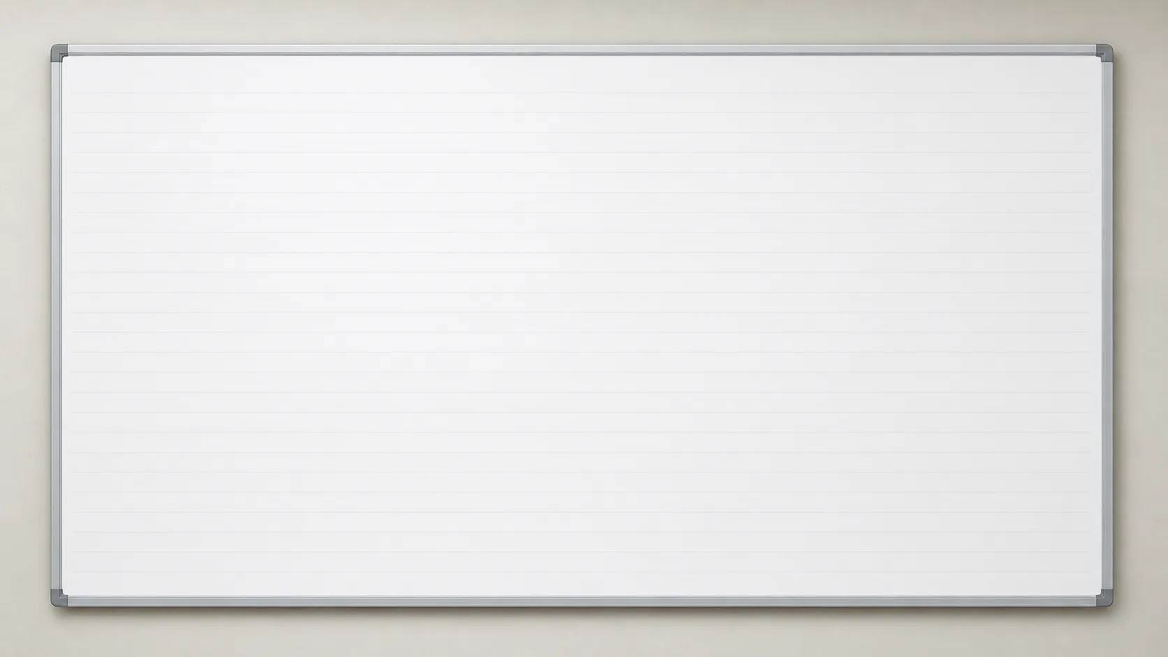 A clean whiteboard on a wall with faint ruled horizontal lines and no writing whatsoever