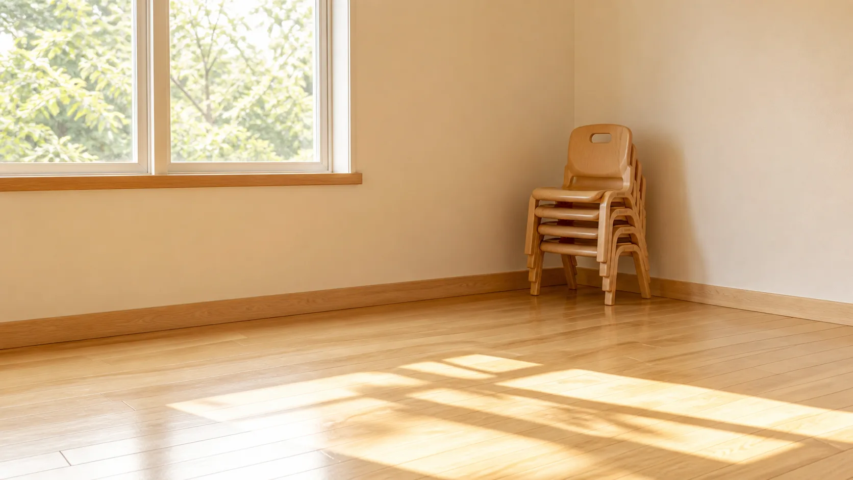 Small child-sized wooden chairs stacked neatly in the corner of a bright empty playroom