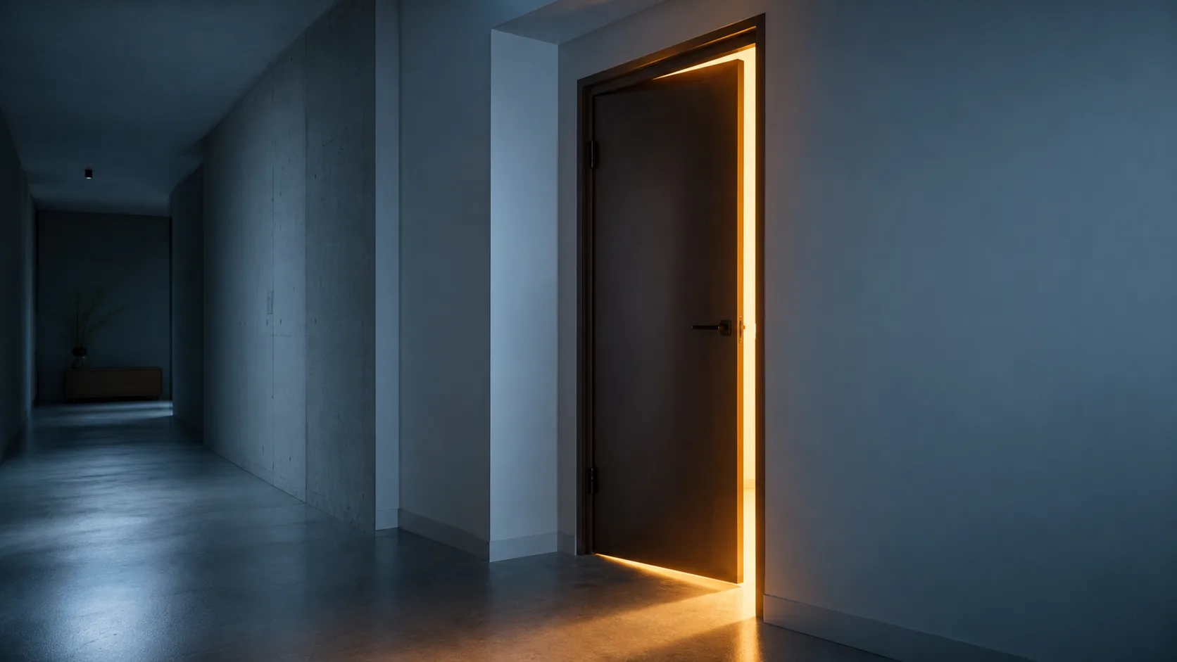 A door standing slightly ajar in a quiet corridor with warm light spilling through the gap