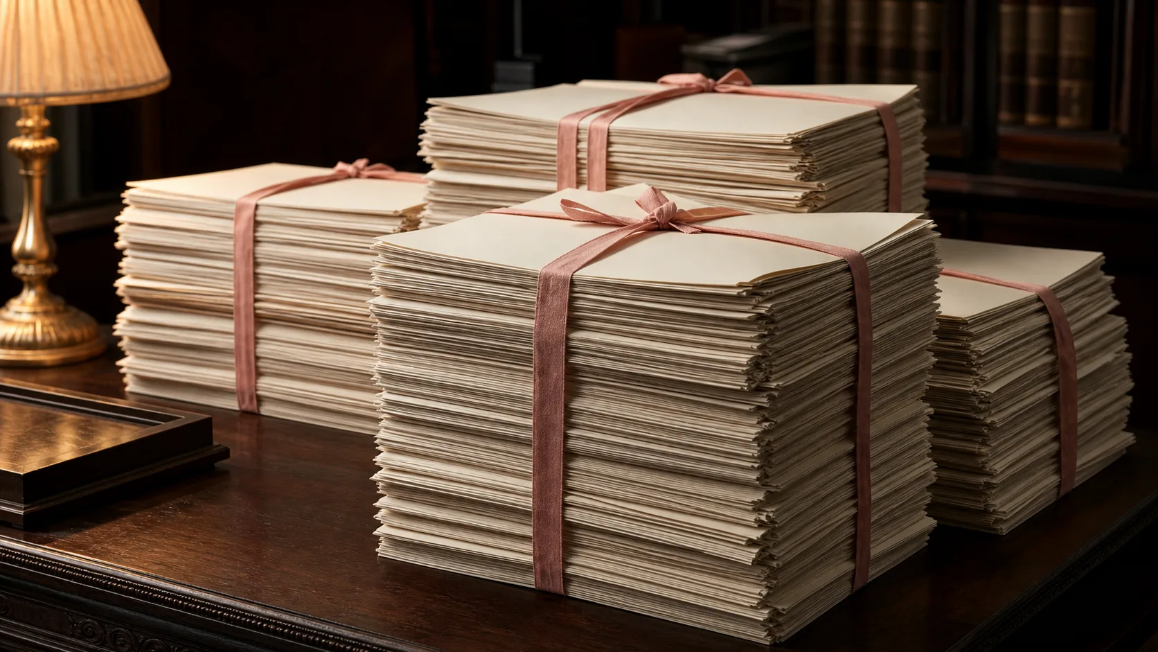 Tall stacks of bound document bundles tied with pink legal ribbon on a dark wooden desk