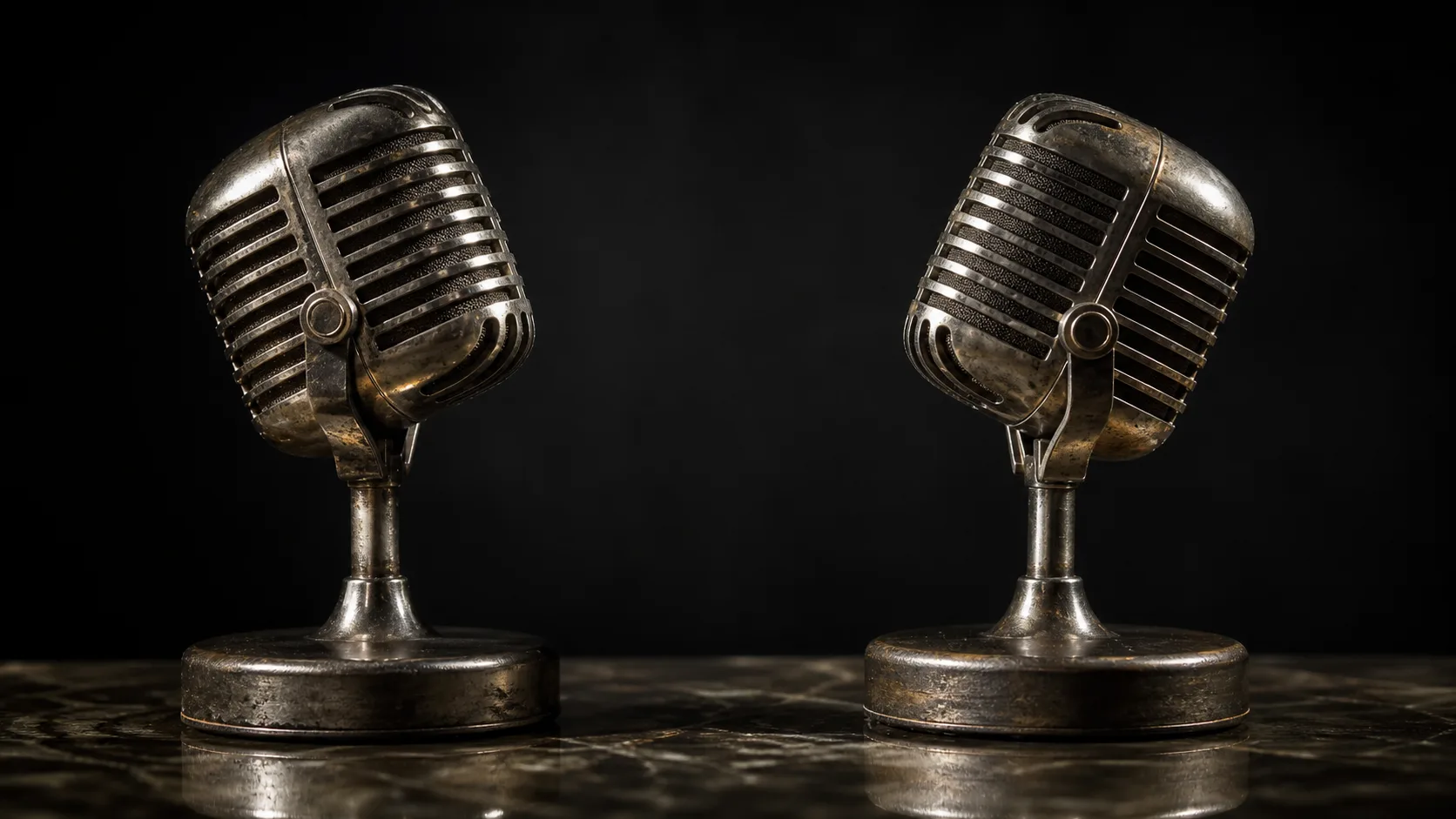 Two vintage table microphones facing one another across a polished surface