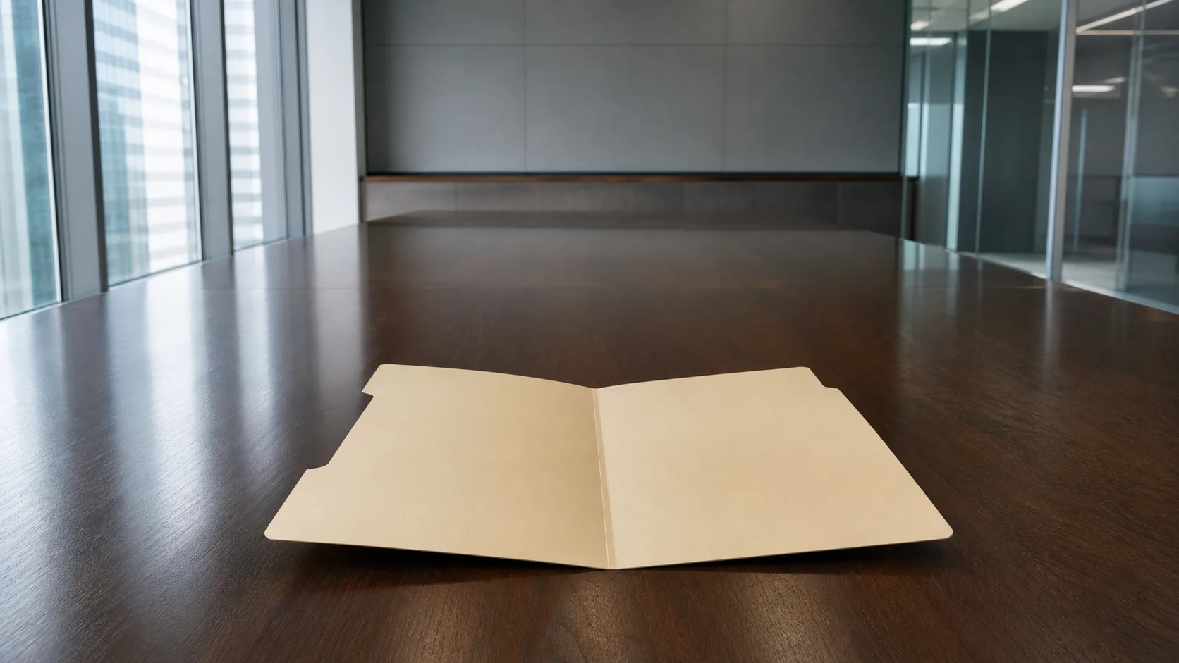 A single manila folder lying open and completely empty on a wide polished conference table