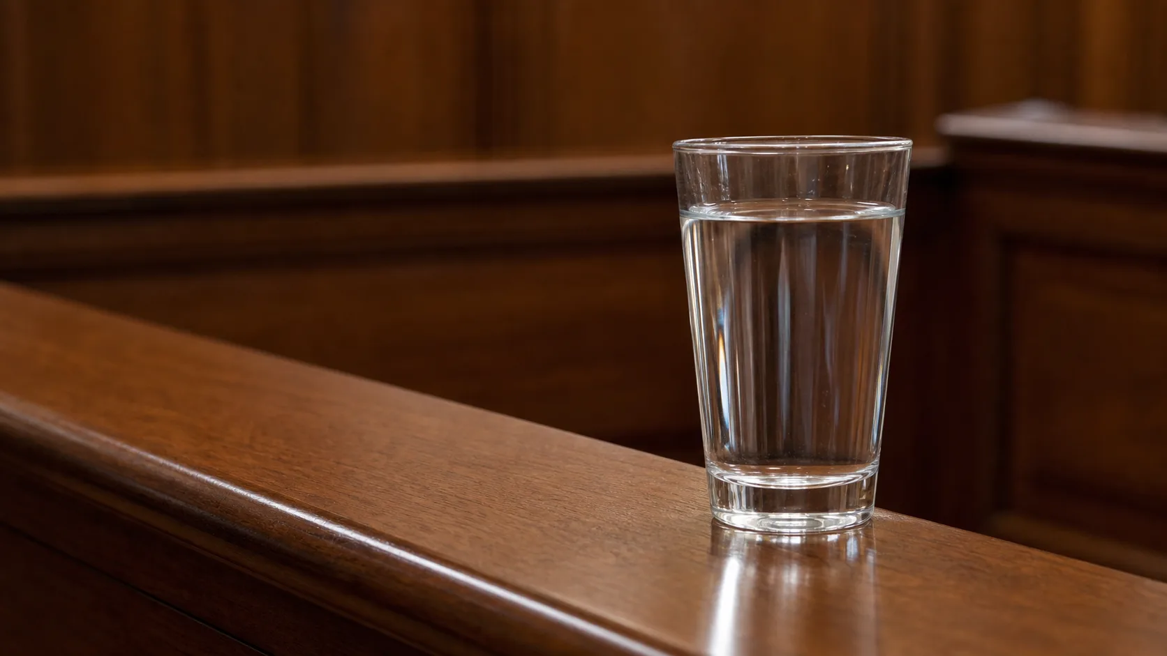 A single glass of water resting on the polished wooden rail of an empty witness stand