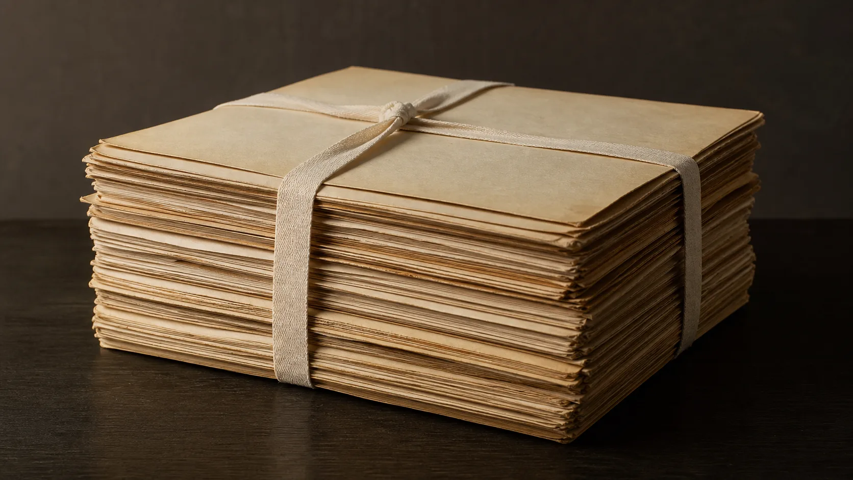 A thick stack of bound paper records tied with cotton tape resting on a dark table