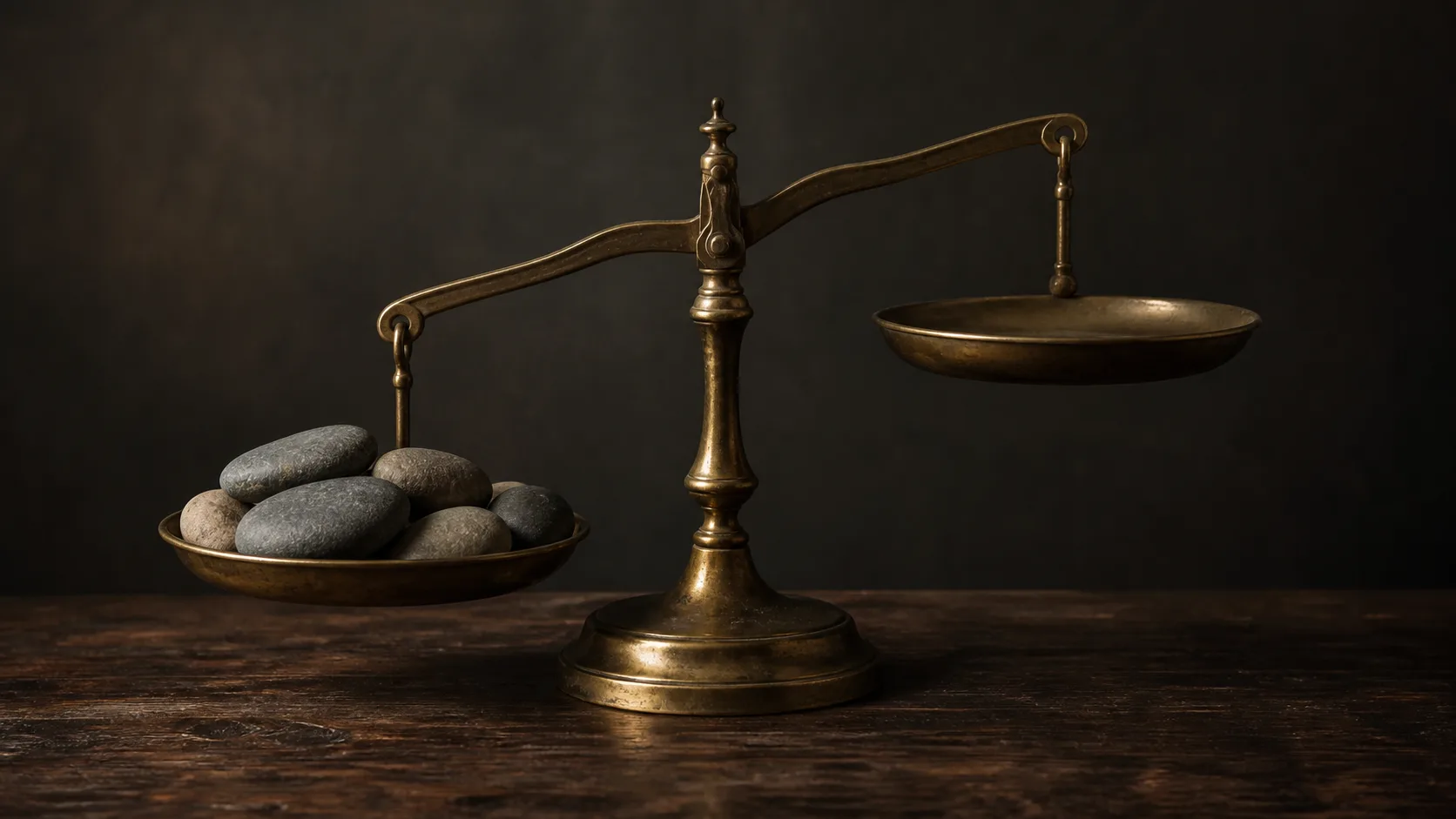 A brass two-pan balance scale on a dark desk